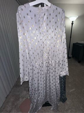 Women's Asymmetrical Long Sleeve Dress in White with Gold Dots